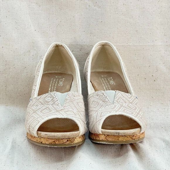 Toms Women's 6 Stella Cream Woven Peep Toe Sandals 3.5" Cork Wedge Heels - Picture 2 of 8